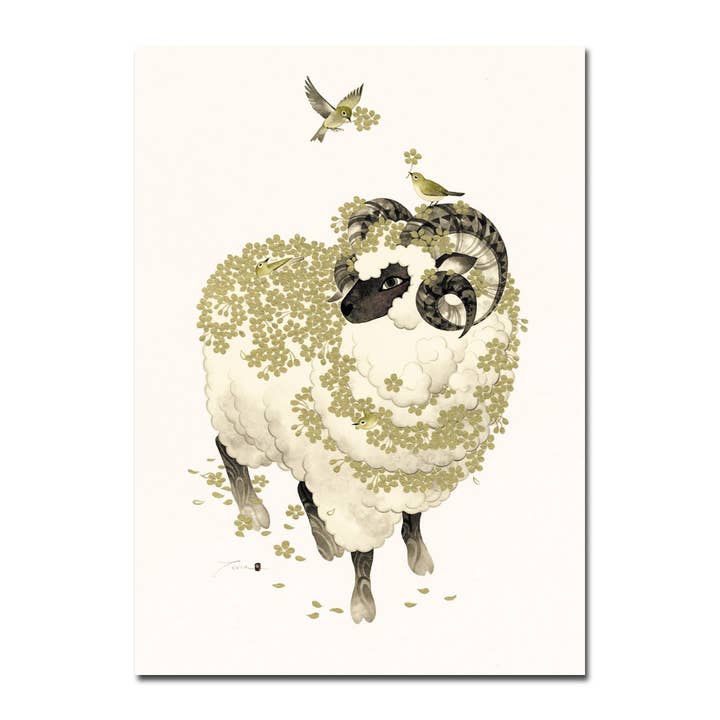 Cartão em Branco com Carneiros e Pássaros em Folha por atacado de Allport Editions