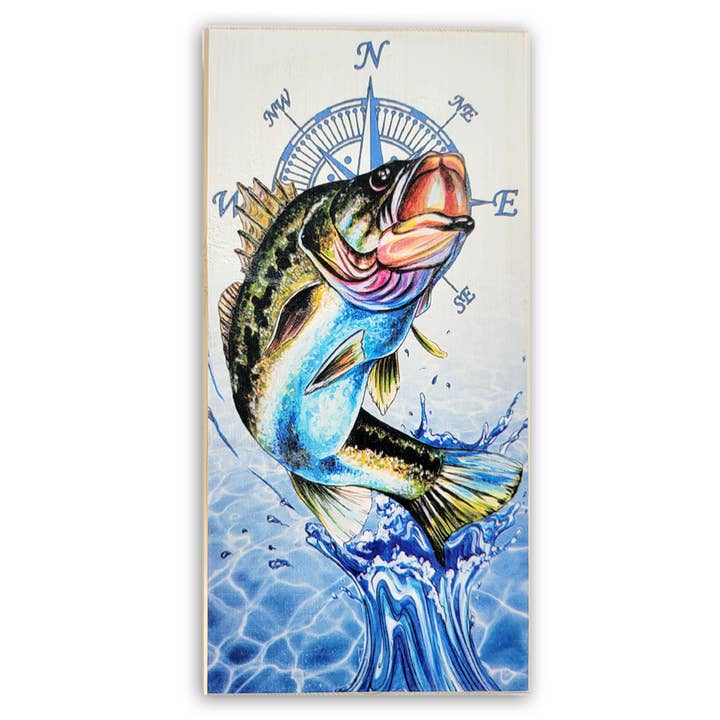 Ocean Life 3x7 Wood Bass Art for wholesale by Map Mom