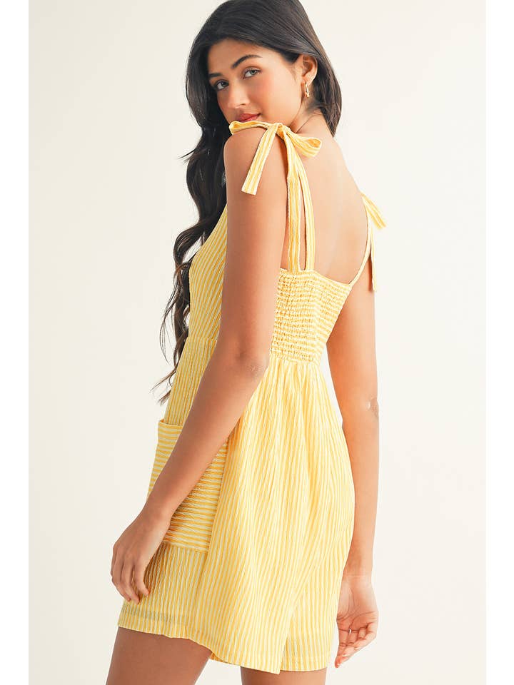 Yellow LDC Stripe Shoulder Tie Smocked Back Wide Leg Casual Romper for wholesale on Faire