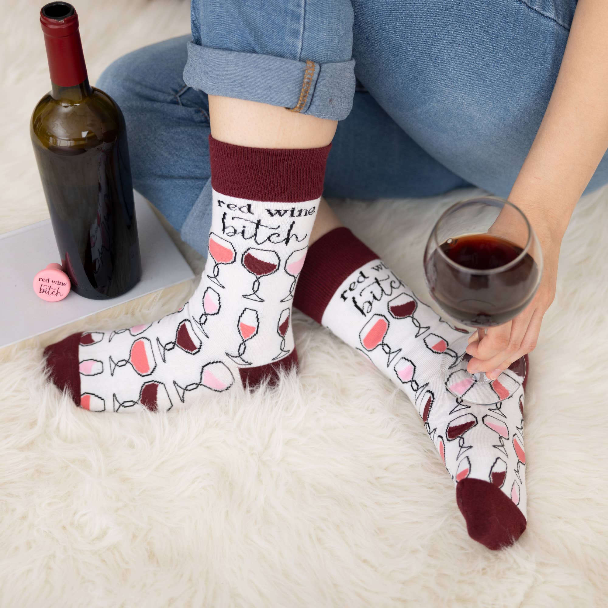 Pavilion - Wholesale Socks - Unisex - Red Wine Bitch Socks & Silicone Bottle Stopper1