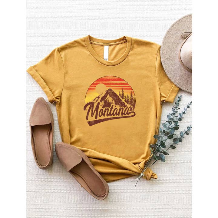 Maglietta da donna in jersey con grafica della natura delle montagne del Montana per la vendita all'ingrosso da parte di PINK NABI