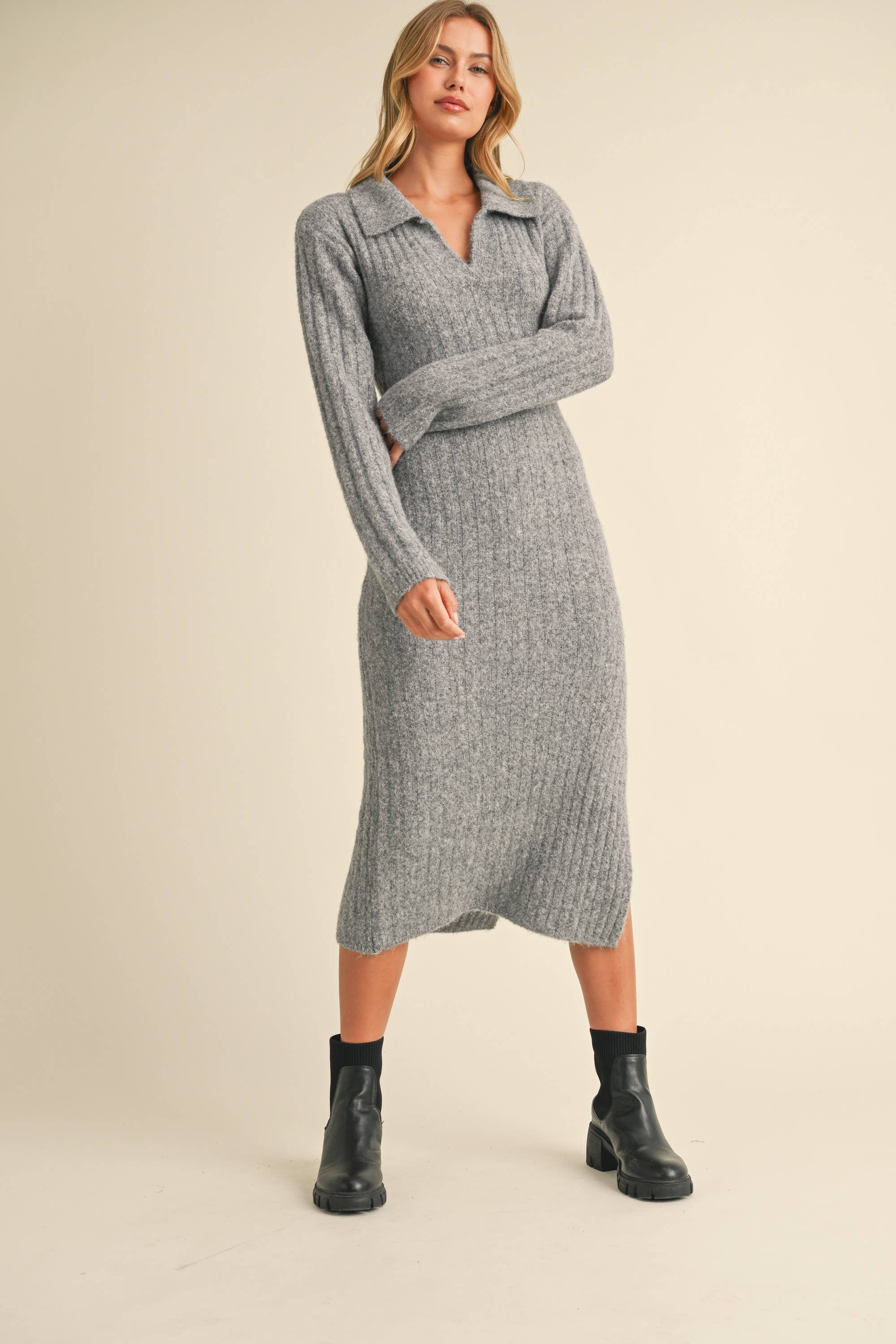 Klesis - Wholesale Dress - Women's - ID8811 COLLAR SWEATER MIDI DRESS WITH LONG SLEEVES2