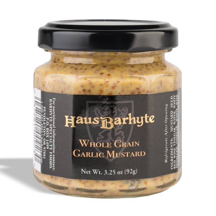 Moutarde à l'ail en grains entiers Haus Barhyte 3,25 oz pot en verre pour la vente par Suzie's Organics and More