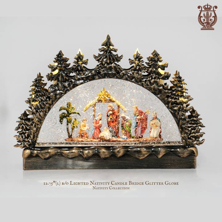 12.75” B/O Lighted Nativity Candle Bridge Glitter Globe for wholesale by IEGIFT