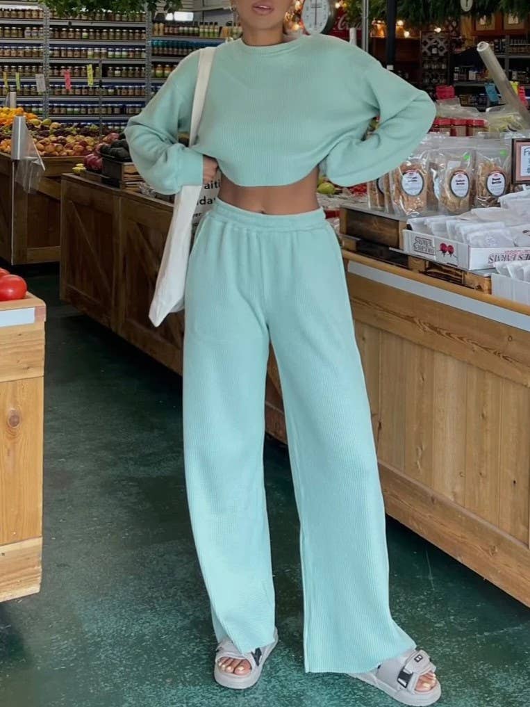 HIDDENBRAND - Wholesale Lounge Set - Women's - Waffle crop long sleeve top wide leg pant two piece set6