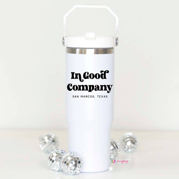 Gobelet à couvercle rabattable en acier inoxydable In Good Company, personnalisé pour la vente par Mugsby