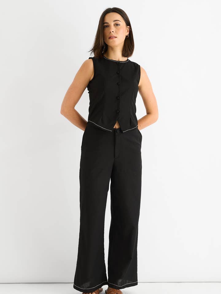 Black Contrast Embroidery Stitch Detail Trouser for wholesale by GINI LONDON