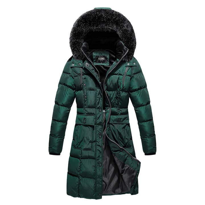 Warm Womens Winter Coat by ELORA – Heavyweight Vegan Puffer with Faux Fur Hood for wholesale by The Whole Shebang
