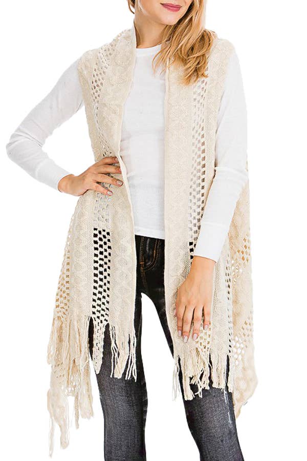 Cap Zone - Vendita all'ingrosso Gilè imbottito - Donna - Gilet lungo cardigan lavorato a maglia con frange lavorate all'uncinetto9