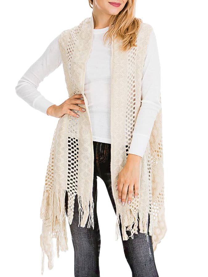 Cap Zone – Colete - Mulher por atacado – Cabo Crochet malha franja guarnição Cardigan Long Vest3