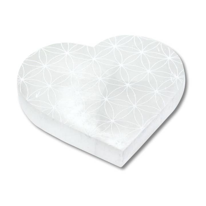Selenite Charging Plate - Flower of Life Heart for wholesale by Earths Elements Wholesale