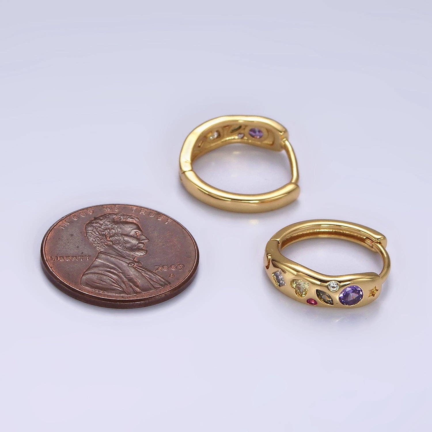 Aim Eternal - Wholesale Huggie Earrings - 14K Gold Filled Multicolor CZ Dot Marquise Heart 15mm Huggie Earrings | AE9163