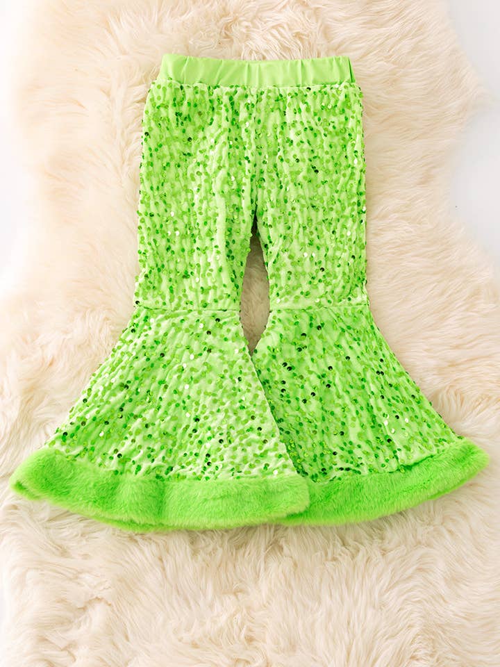 Neon green sequins bell bottoms with faux fur hem. PNG50264 SOL for wholesale by Kids Charm Online