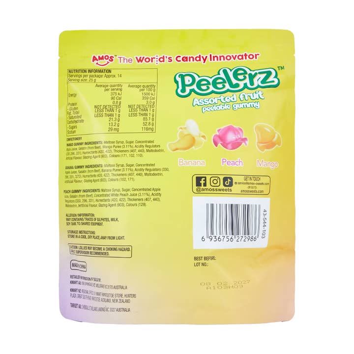 I Got Your Candy - Wholesale Gummy - Amos Peelerz Assorted Fruit Peelable Gummy Candy - 13.5oz 12ct1