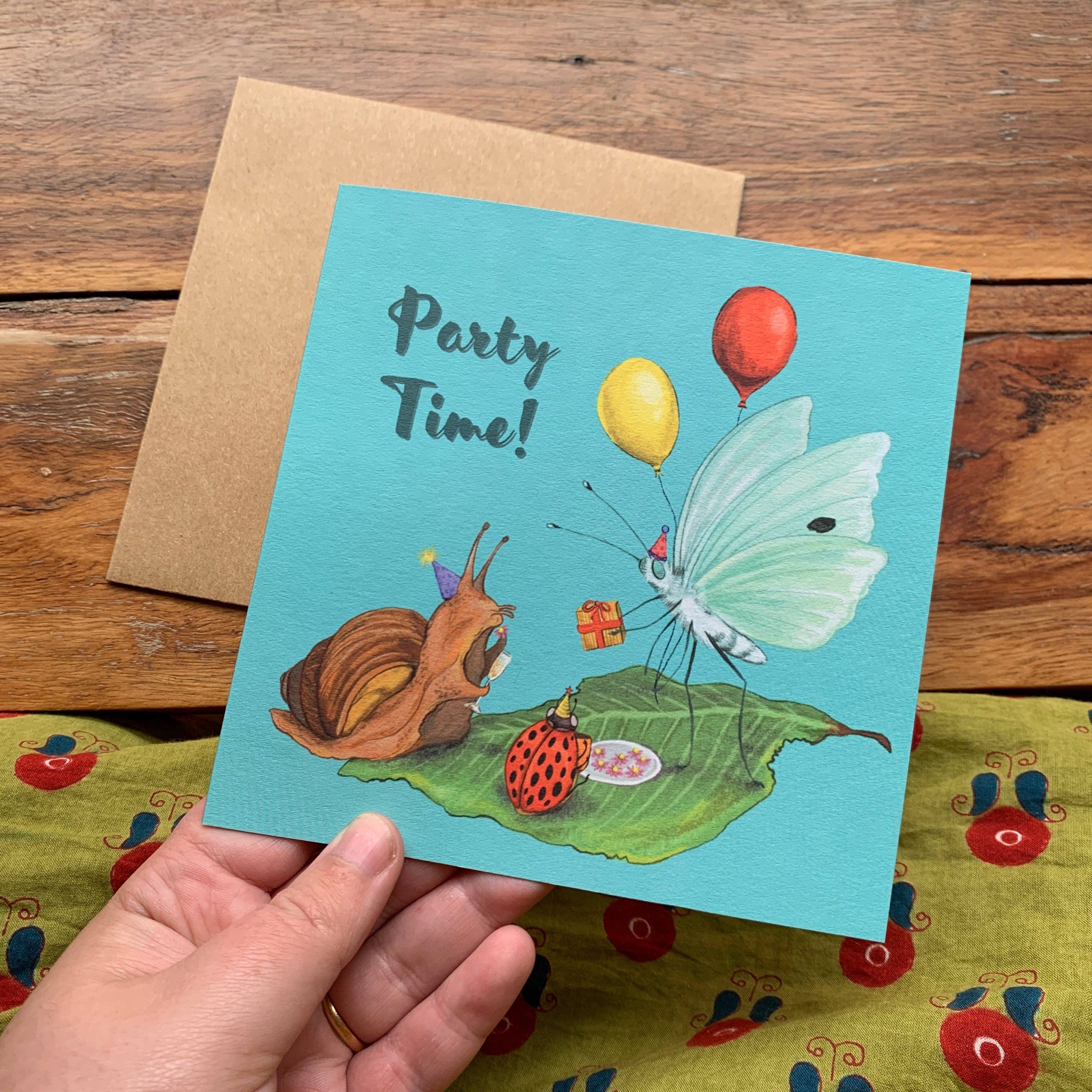 Anna Seed Art - Wholesale Birthday card - Occasion Card - Party Time! Cute bug illustration