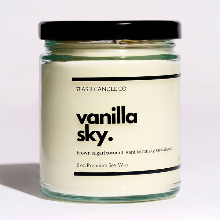 Vanilla Sky Candle, 8oz. Vanilla Brown Sugar Sandalwood for wholesale by Stash Candle Co.