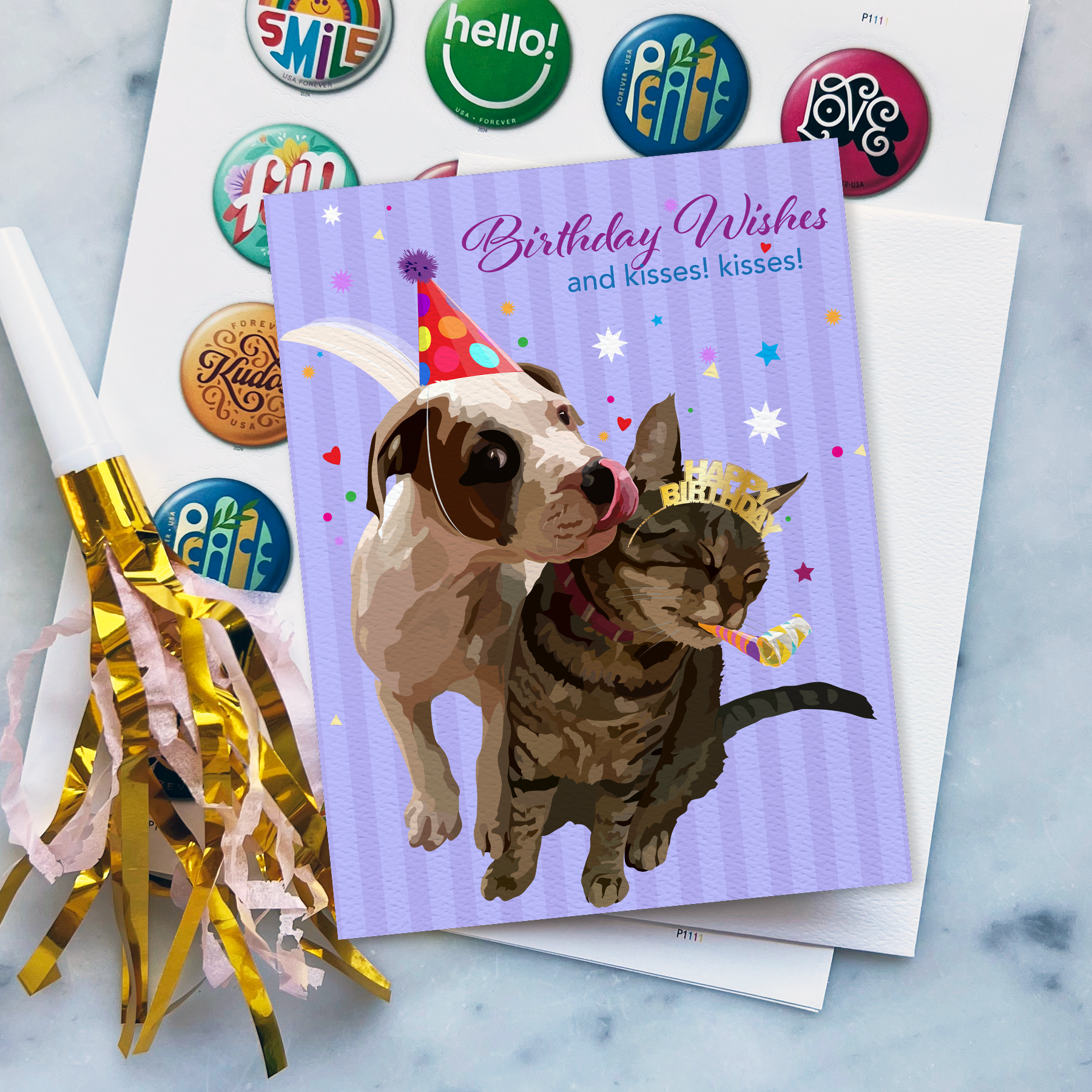 The Red Barn Press - Vente Cartes d'anniversaire - Carte d'anniversaire | Chiot et chat drôles avec des vœux et des baisers !1