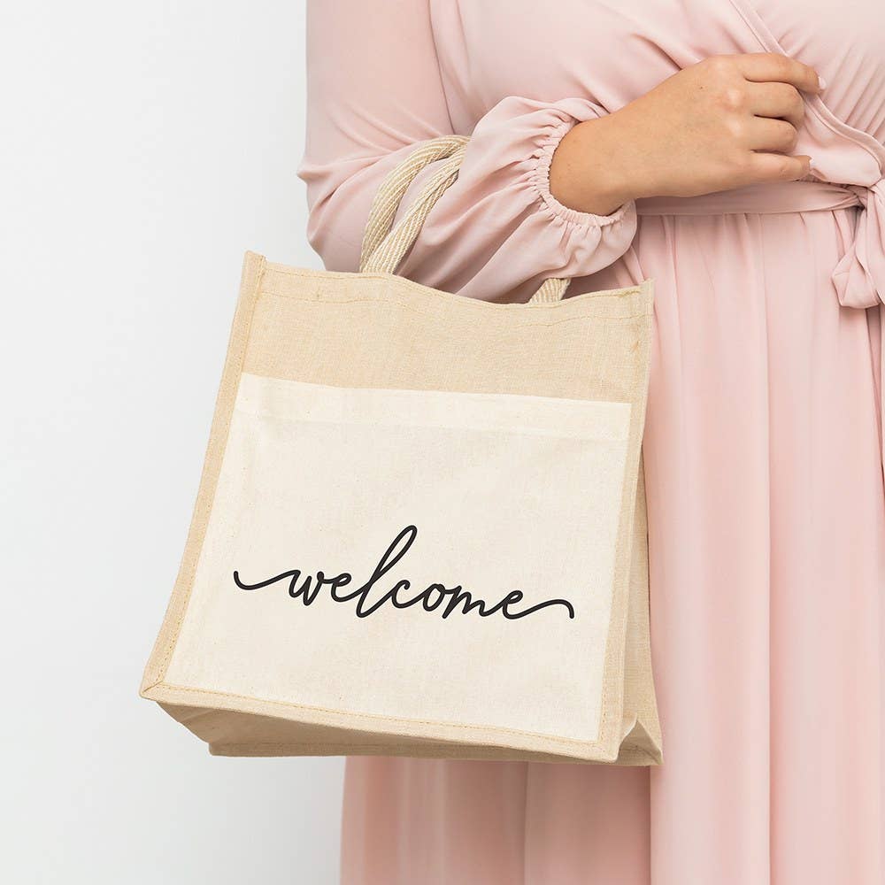 Weddingstar Inc. - Wholesale Tote Bag - Women's - Medium Reusable Woven Jute Tote Bag With Pocket - Welcome3