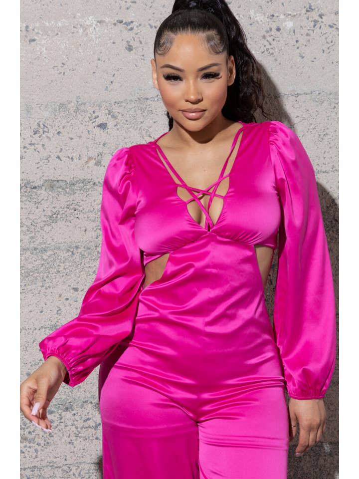 Melrose with Love - Wholesale Jumpsuit - Women's - STRETCHY SATIN JUMPSUIT WITH LONG PUFFY SLEEVES3