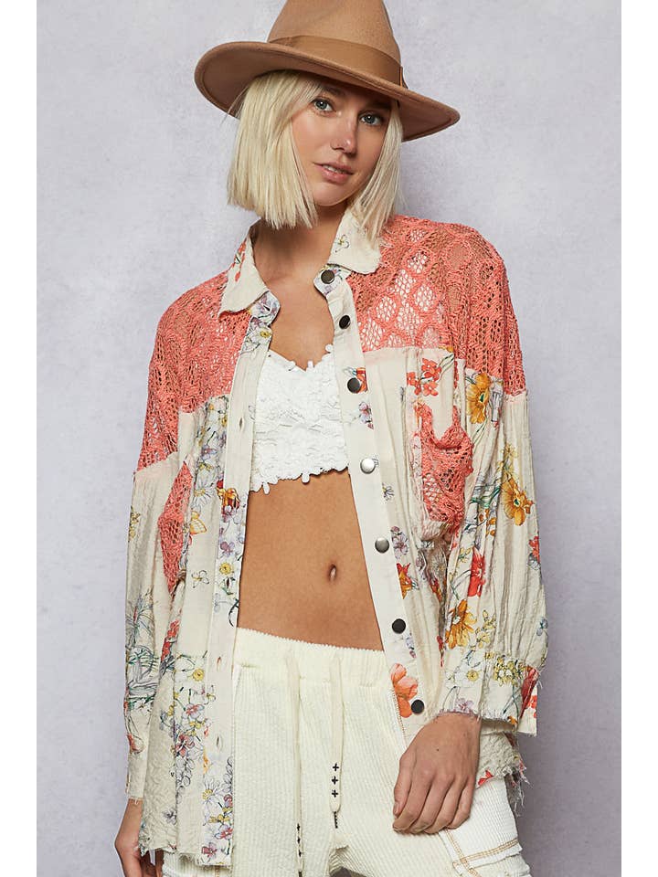 Pol Clothing - Wholesale Button Down Shirt - Women's - Full sleeves contrast floral printed shirt top