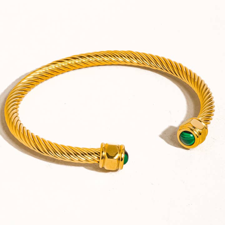 Green Vail 18K Gold Non-Tarnish Stone Braided Bangle for wholesale on Faire0
