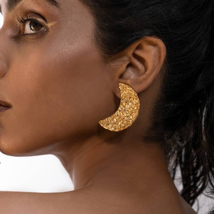 Crescent moon Stud Earrings in Textured Gold & Silver finish for wholesale by DIORA