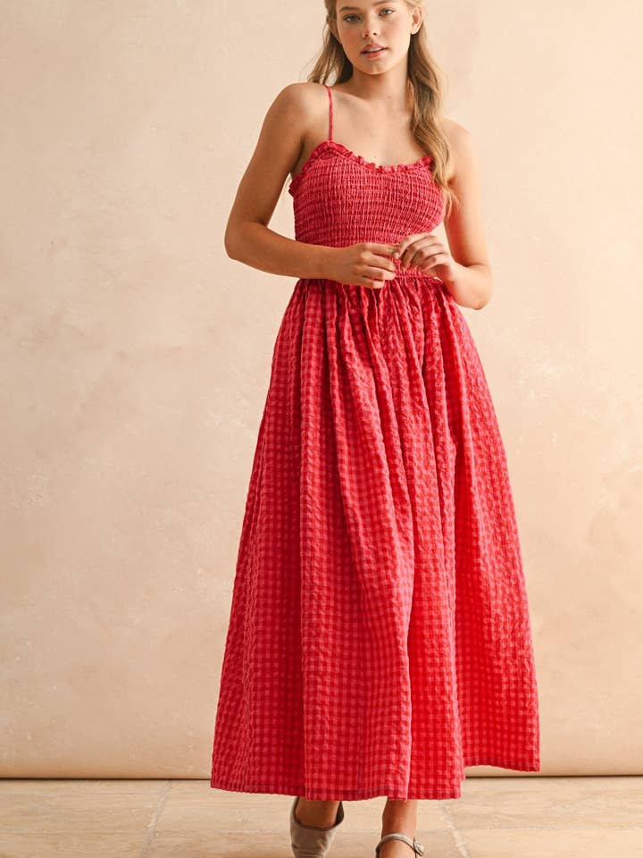 D5019 GINGHAM PRINT LONG DRESS for wholesale by MIOU MUSE