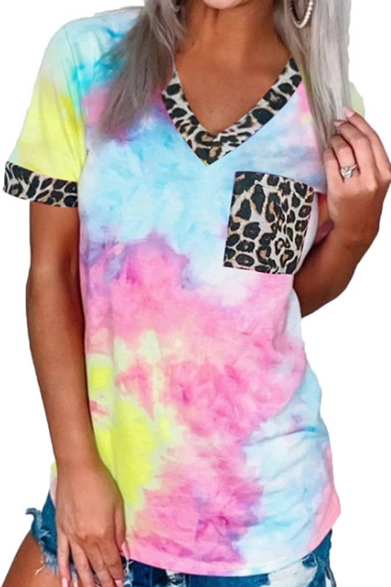 Suzie Q USA – wholesale T-shirt – women's – Tie-Dye With Leopard Short-Sleeved T-Shirt1