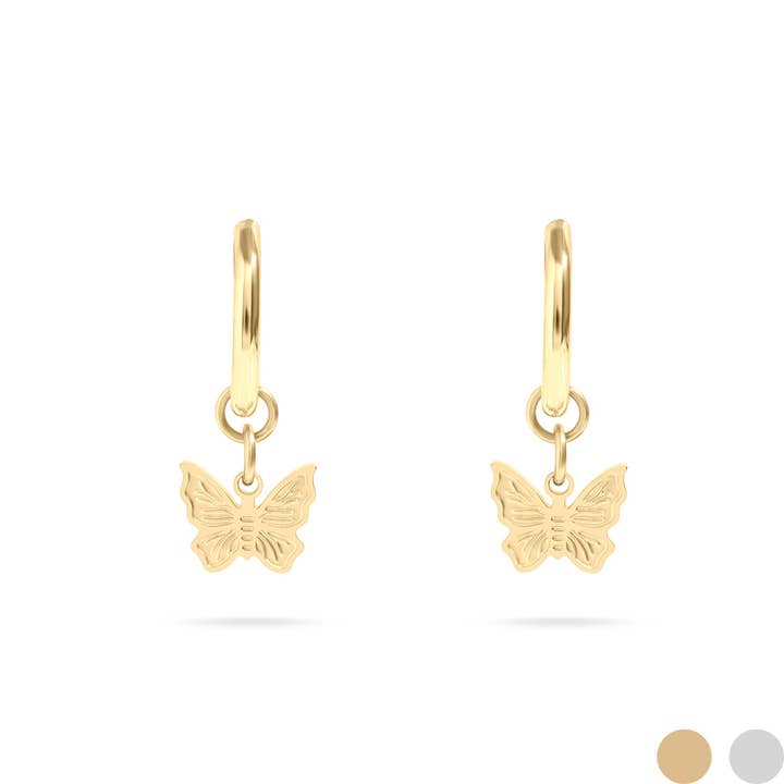 WJW - Wholesale Huggie Earrings - 18K Gold PVD Stainless Steel Butterfly Huggie Earrings