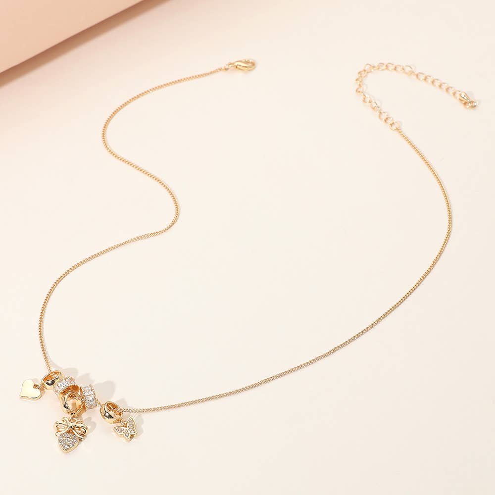 Sensibling Corp. - Wholesale Pendant/Charm Necklace - Stone Paved Heart Butterfly Bow Charm Beaded Necklace2