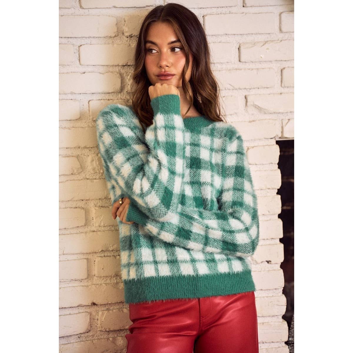IVE - Wholesale Knit Sweater - Women's - Holiday Christmas Plaid Eyelash Sweater Top0