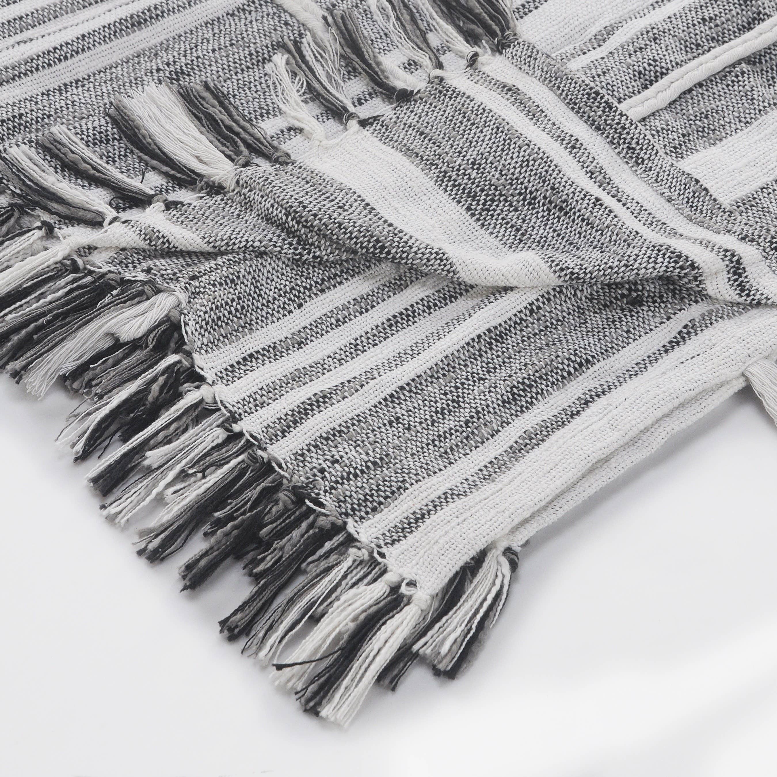 Gray White Vertical Striped and Textured Throw Blanket with Fringe for wholesale on Faire3