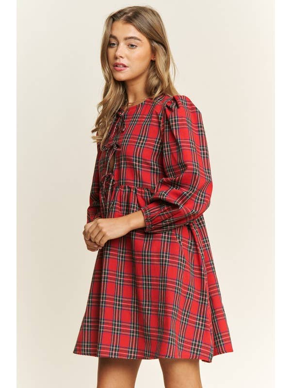 Pink Irene Wholesale - Wholesale Dress - Women's - SOFT PLAID WOVEN FABRIC BABYDOLL BOW MINI DRESS13