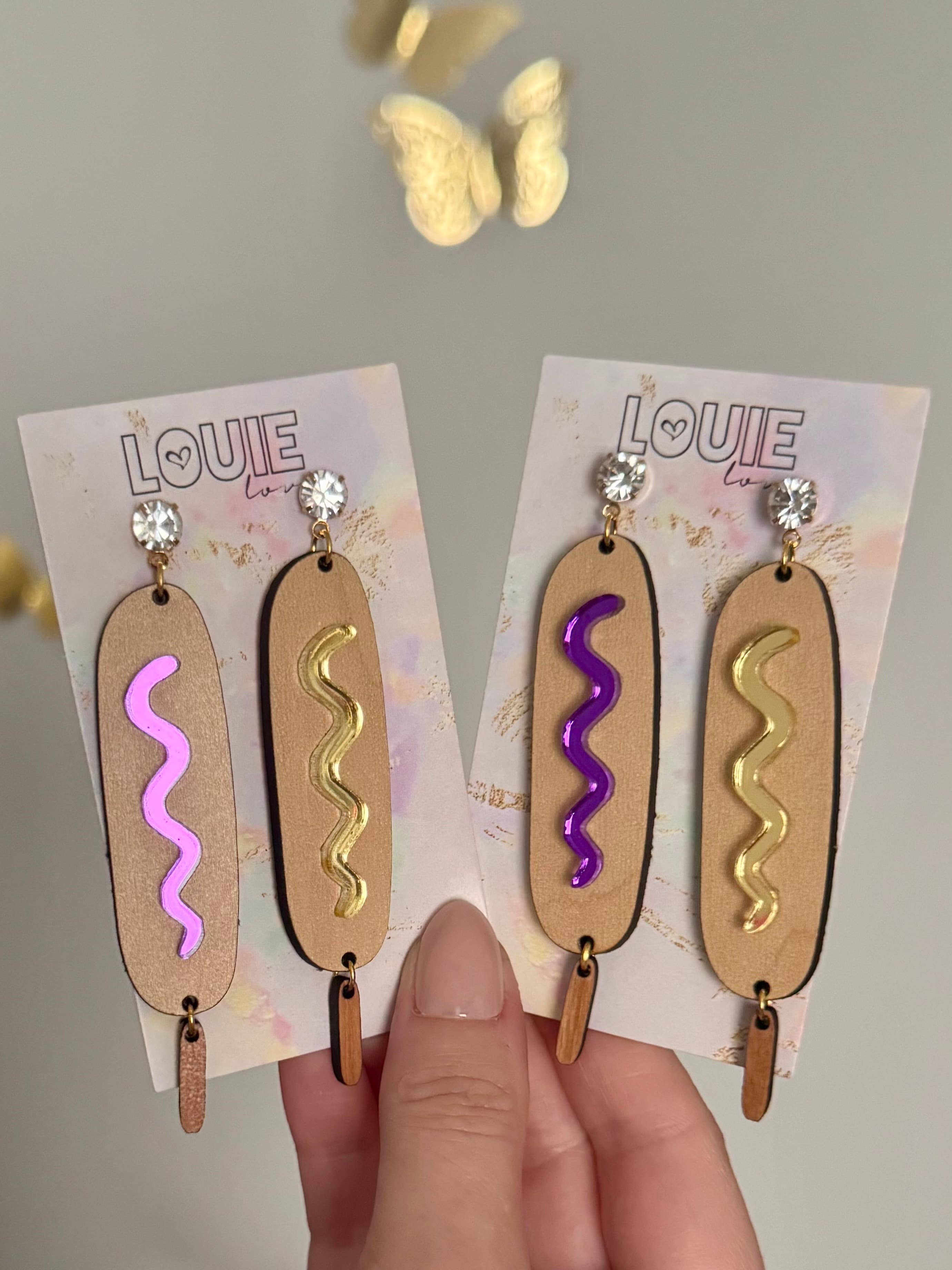 Louie Love - Wholesale Dangle Earrings - Acrylic Gameday LSU Purple Gold Corn Dog Earrings2