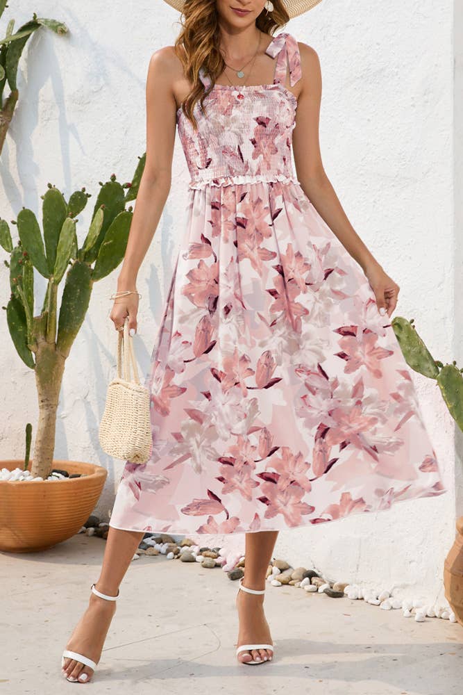 UNISHE - Wholesale Dress - Women's - Spaghetti Floral SLeeveless Smocked Dress AYY0258