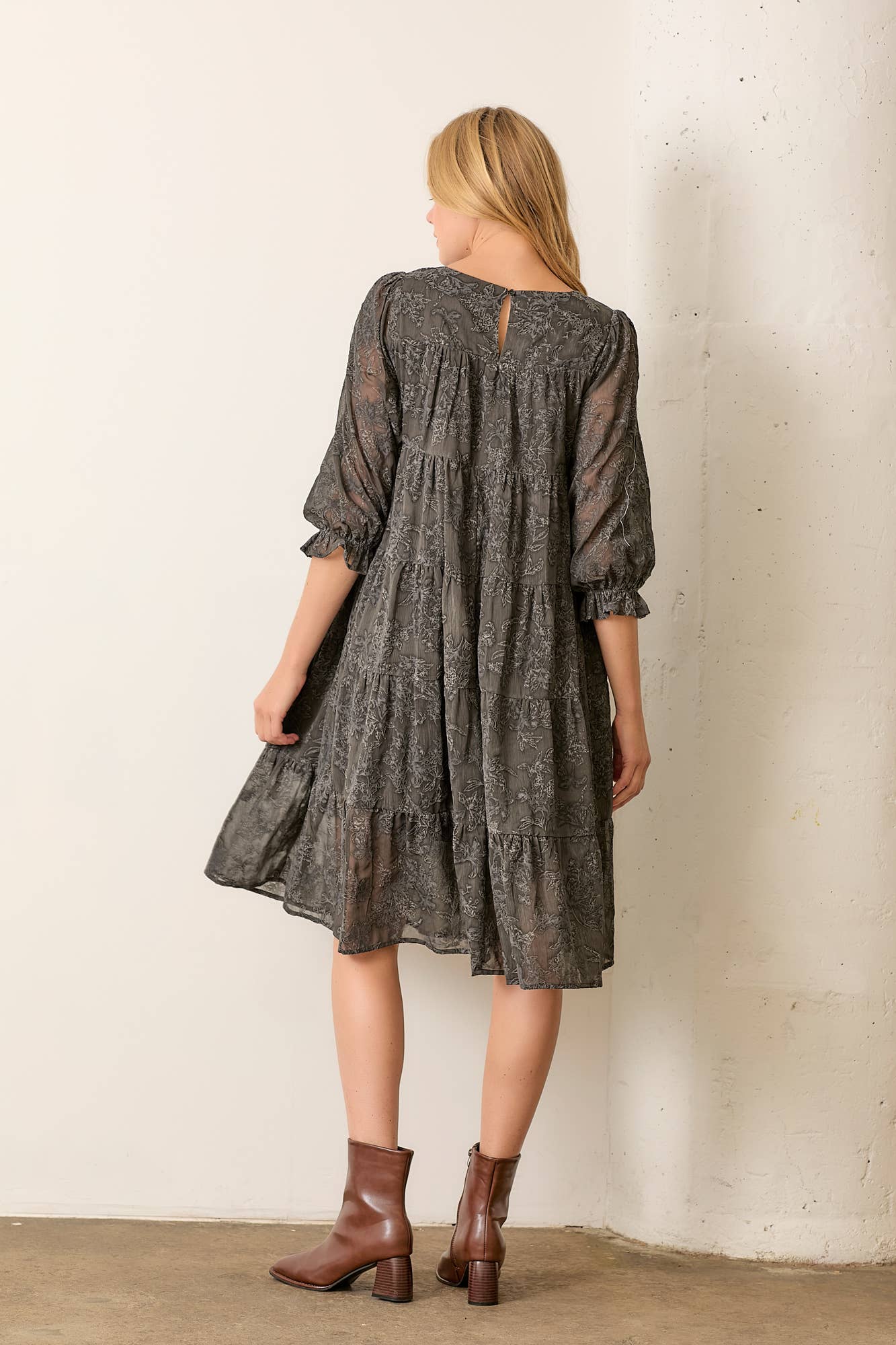 CHARCOAL PRINTED TEXTURED FLORAL ROUND NECK TIERED DRESS for wholesale on Faire3