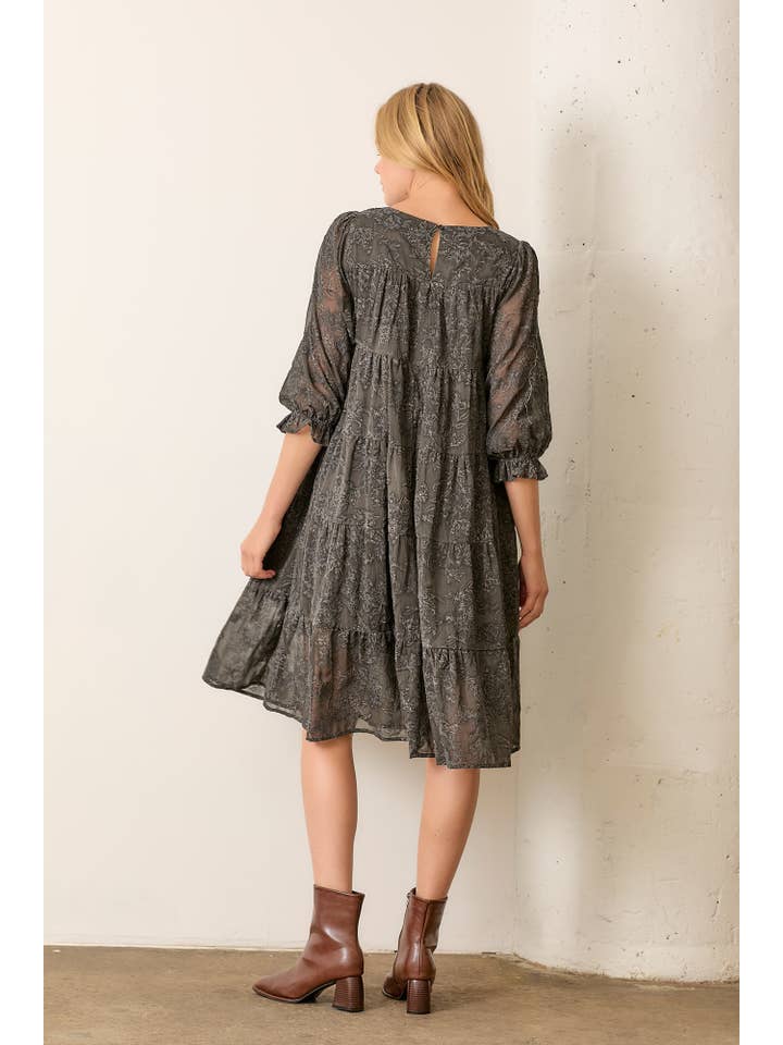 CHARCOAL PRINTED TEXTURED FLORAL ROUND NECK TIERED DRESS for wholesale on Faire3