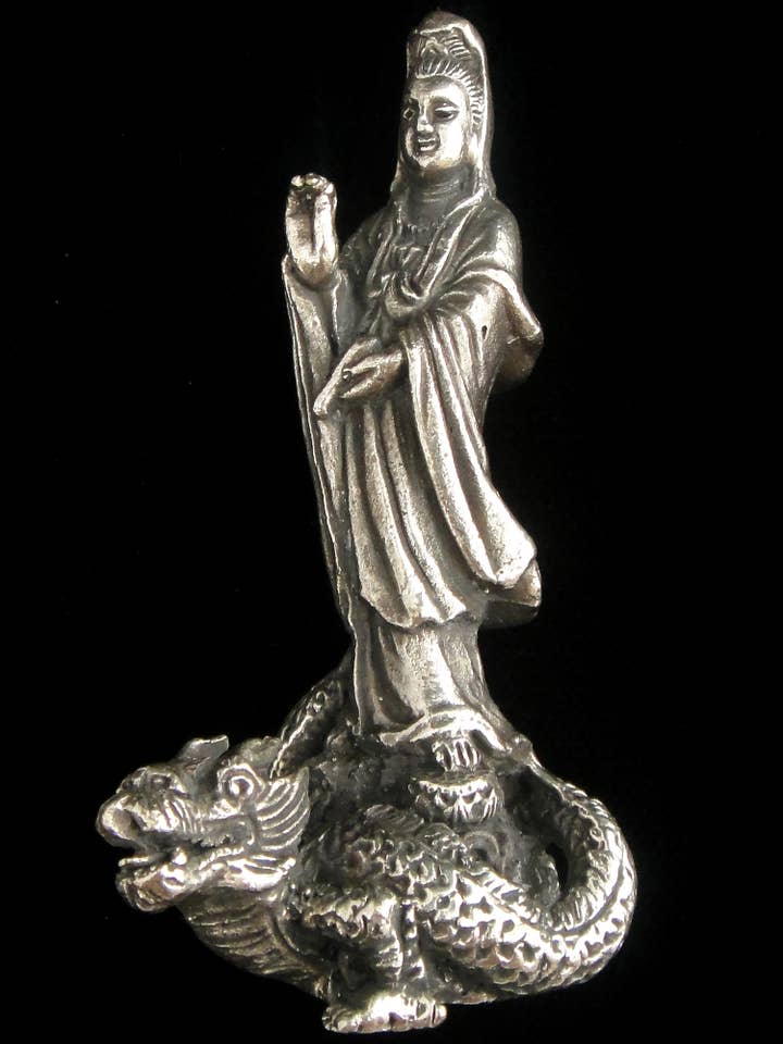 Tika - Wholesale Sculpture - Brass Deity Statuette - Large - Quan Yin with Dragon