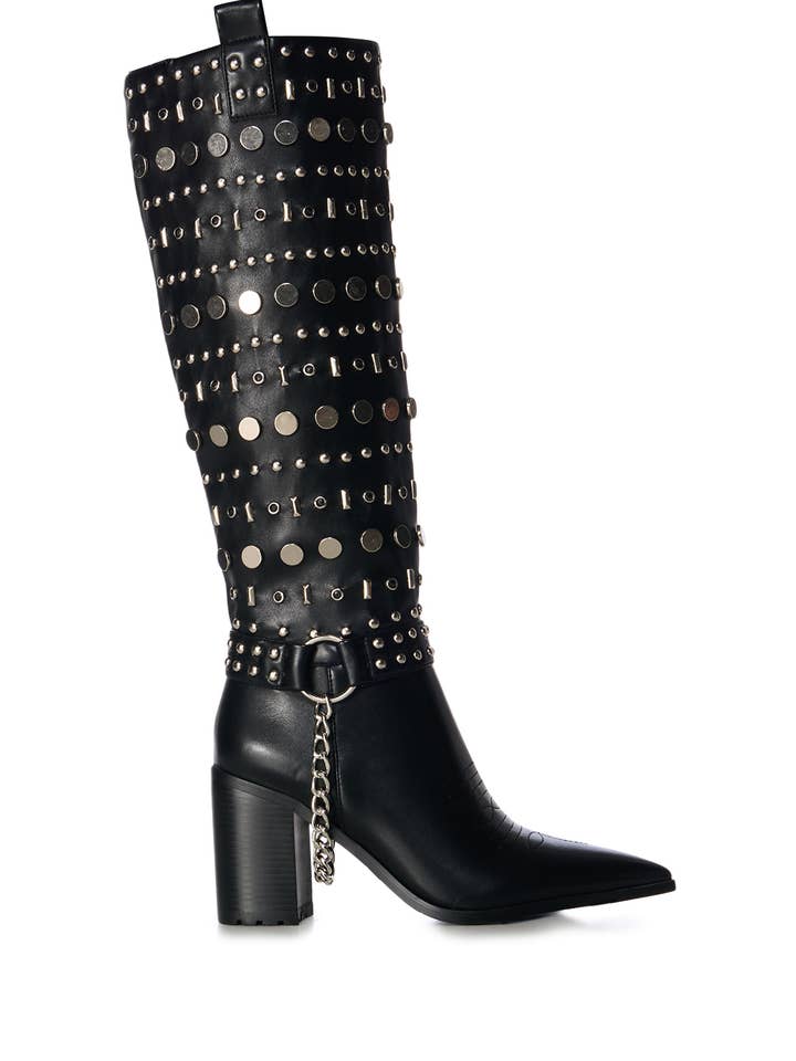 Azalea Wang - Wholesale Boots - Women's - JULETTE-BLACK STUDDED KNEE HIGH HEELED BOOT