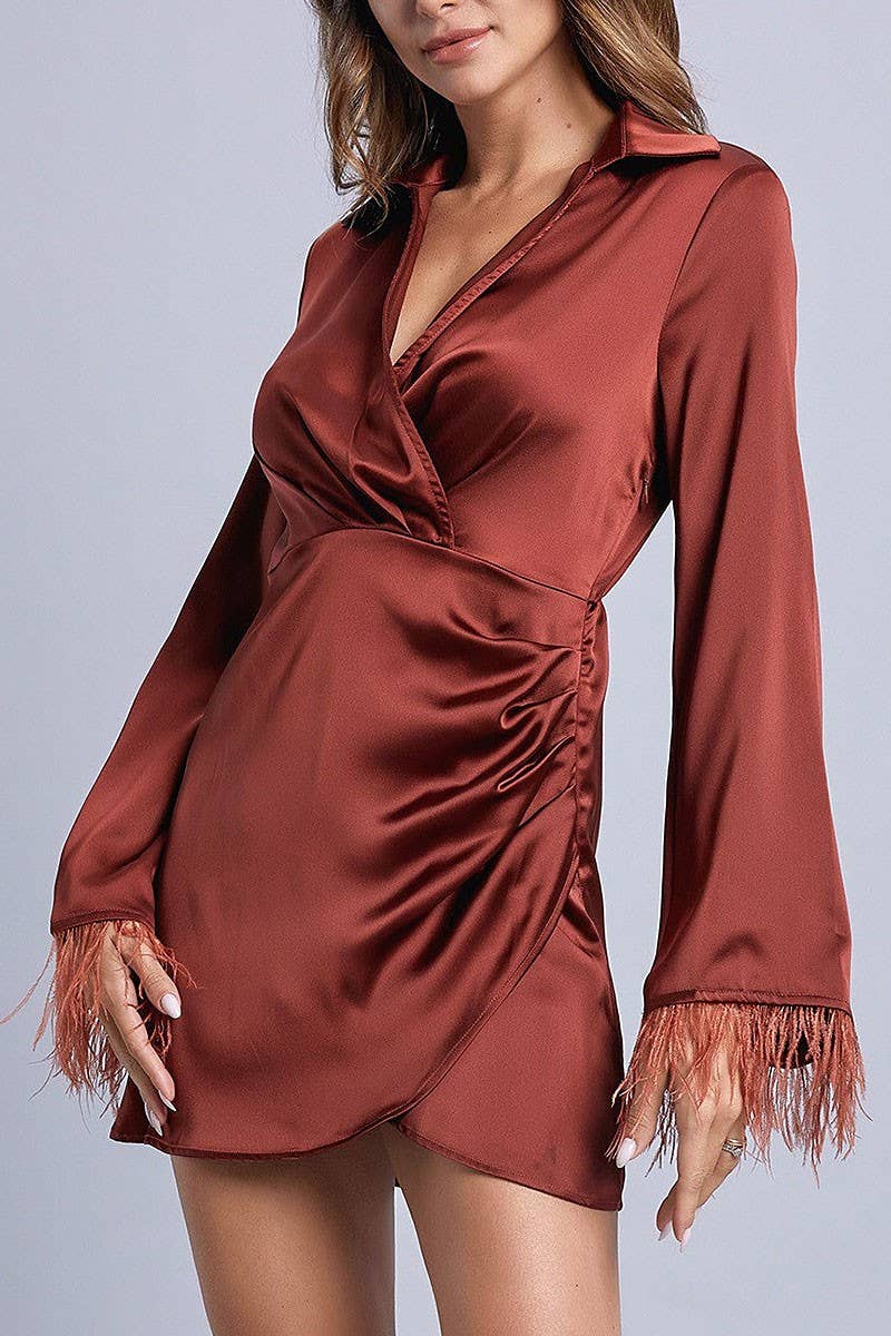 ROUSSEAU - Wholesale Dress - Women's - FEATHER SLEEVES WRAP MINI DRESS1