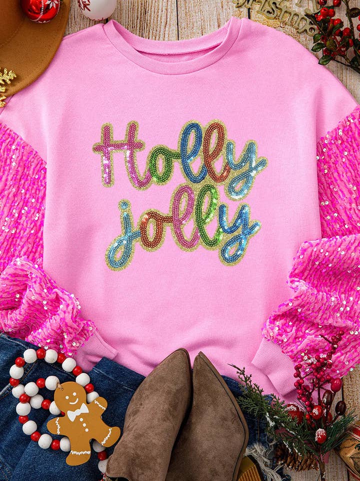 Pink Holly Jolly Sequin Letter Graphic Drop Shoulder Patchwork Long Sleeve Top for wholesale on Faire1