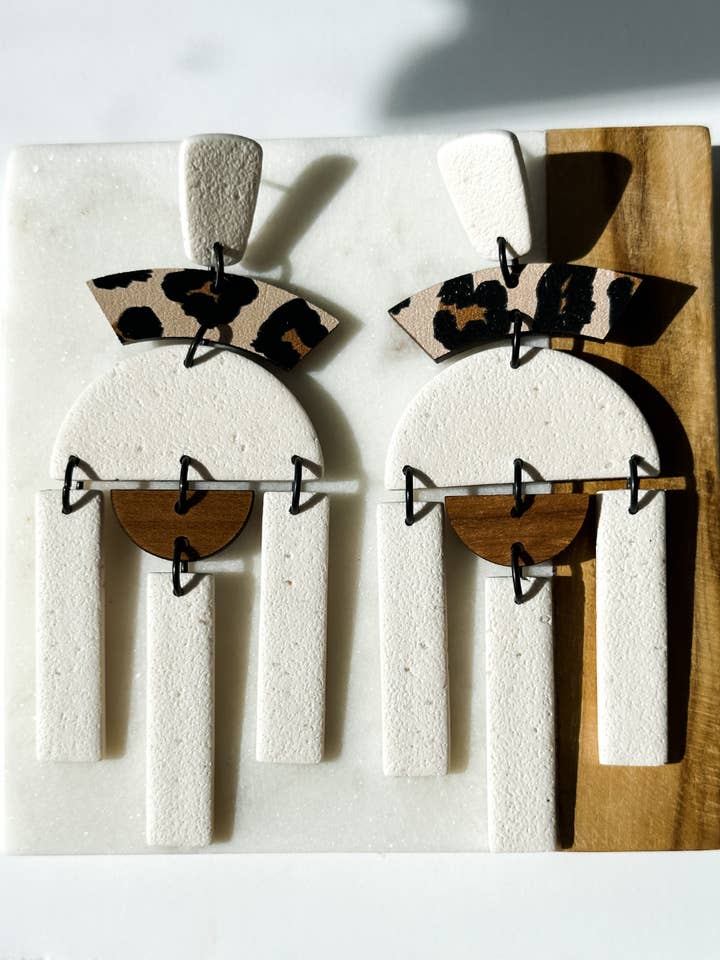 Paloma | Meringue & Leopard | Polymer Clay & Wood Earrings | for wholesale by Aves + Brit | Handmade Midwest Modern Jewelry