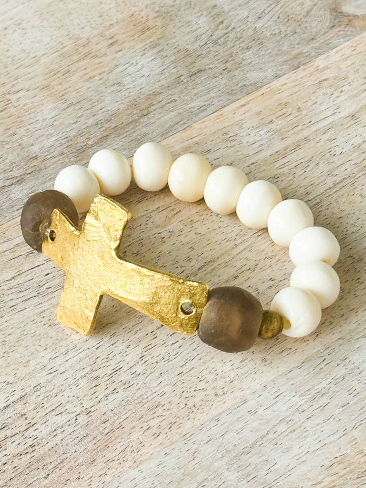 Gold Cross, Bone and Brown Glass Bead Stretch Bracelet for wholesale by Cameron McIntosh Designs