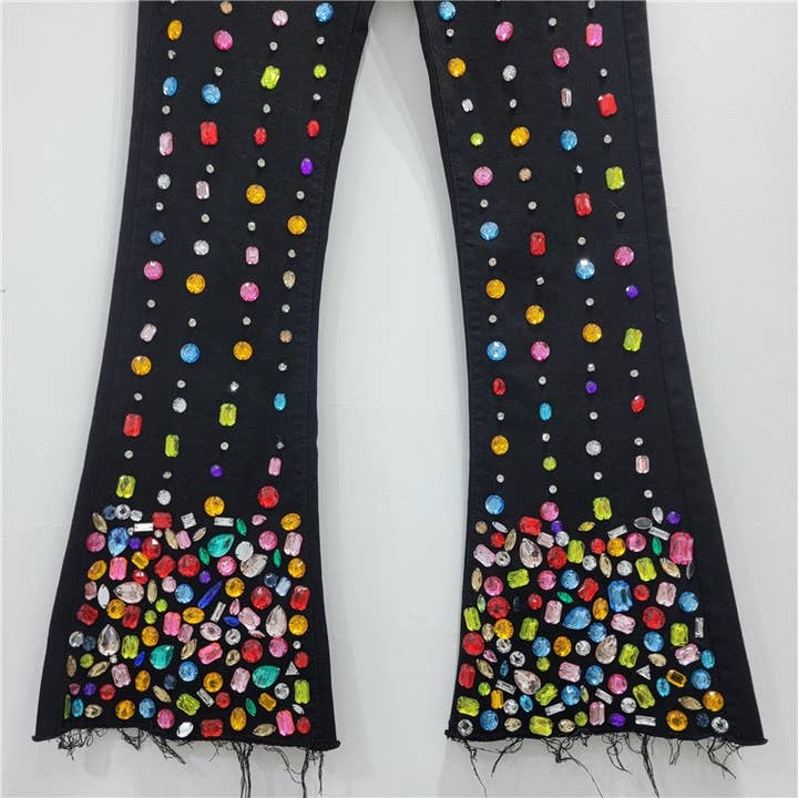 Black PT020Y Hand made-Beaded High Waist Flare Jeans for wholesale on Faire