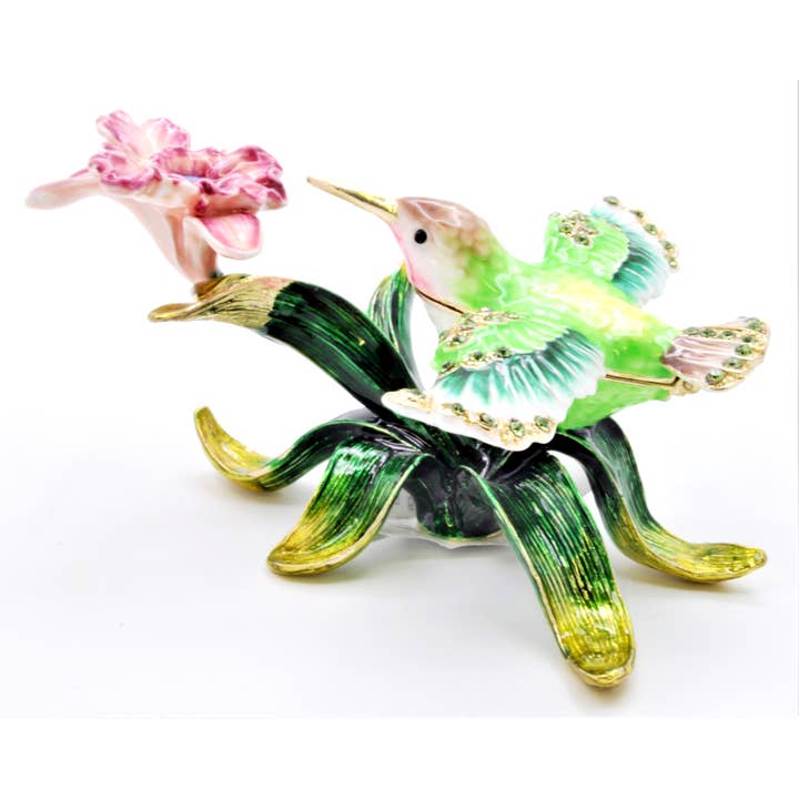 Flying Humming Bird on Branch Trinket Box. Tillverkad med emalj för wholesale av Ciel Collectables