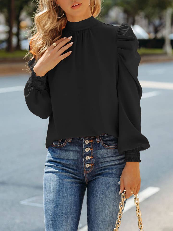 HIDDENBRAND - Wholesale Blouse - Women's - Solid stand collar puff sleeve tie neck blouse