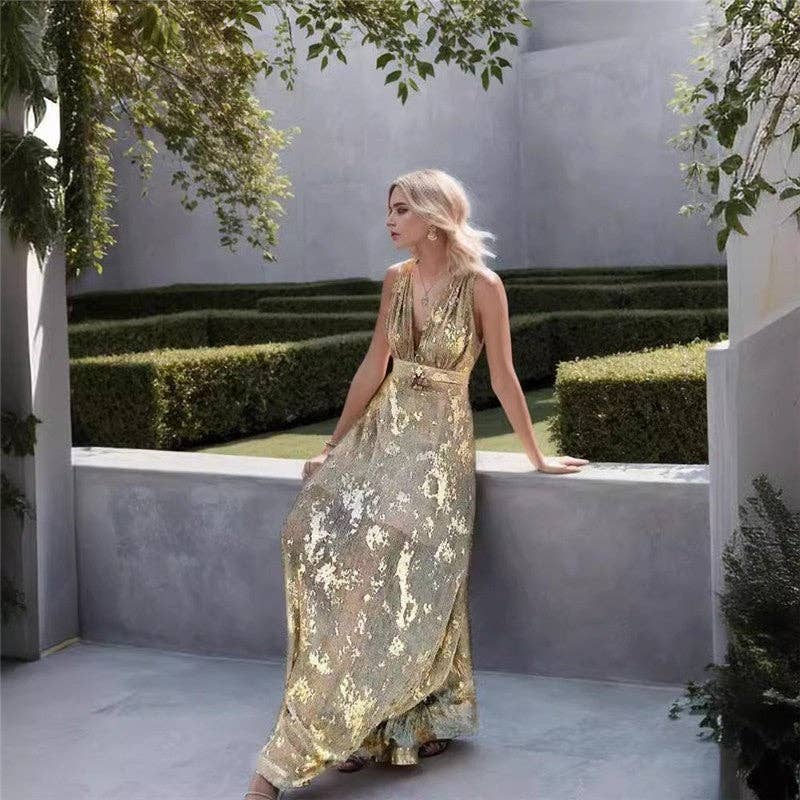 Plush Looks - Wholesale Dress - Women's - V Neck Printed Sparkly Camisole Dress1