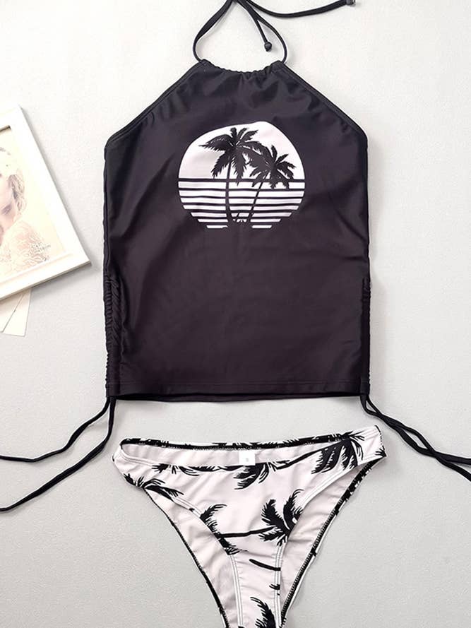 UNISHE - Wholesale Two Piece Swimsuit - Women's - Coconut Tree Print Halter Ruched Tankini Set ZK0452