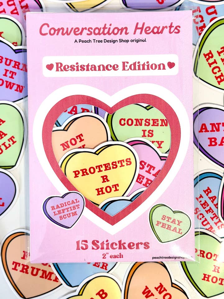 Political Candy Hearts Sticker Pack, Leftist Sticker, Antifa for wholesale by Peach Tree Design Shop