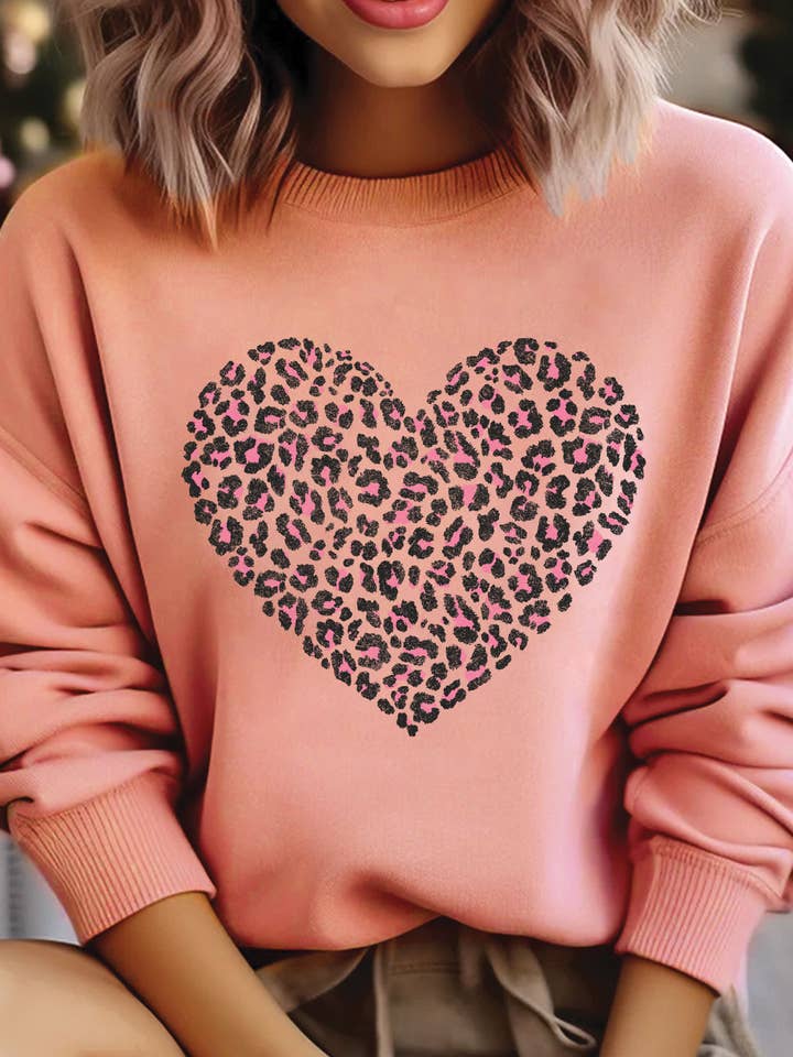 HEART LEOPARD VALENTINE GRAPHIC BRUSHED SWEATSHIRTS for wholesale by Rustee Clothing